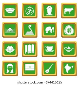 India travel icons set in green color isolated vector illustration for web and any design