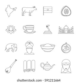 India travel icons set. Outline illustration of 16 India travel vector icons for web