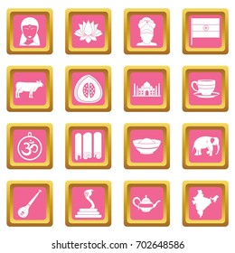 India travel icons set in pink color isolated vector illustration for web and any design