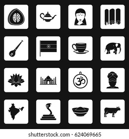 India travel icons set in white squares on black background simple style vector illustration