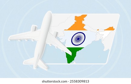 India Travel Illustration with Plane and National Flag. Ideal for travel agencies, promotional materials, or geographic content related to India.