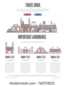 India travel infographics with most important architectural attractions in trendy linear style. Indian national landmarks on white background. Worldwide traveling and journey vector concept.