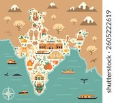 India travel map with landmarks, monuments and famous cultural symbols. Indian poster or card design with tourist attractions, animals, local food and nature icons in flat design.