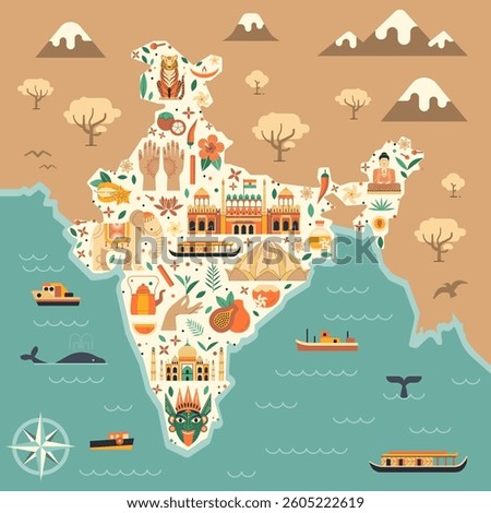 India travel map with landmarks, monuments and famous cultural symbols. Indian poster or card design with tourist attractions, animals, local food and nature icons in flat design.