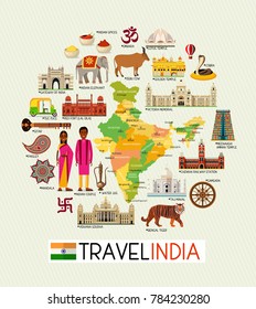 India Travel Map with Sightseeing Places. Vector Illustration.