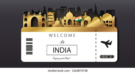 India Travel postcard, poster, tour advertising of world famous landmarks in paper cut style. Vectors illustrations