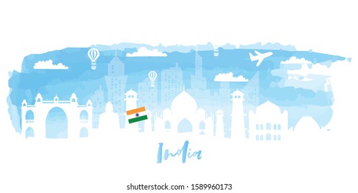 India travel postcard, poster, tour advertising of world famous landmarks in paper cut style. Vectors illustrations