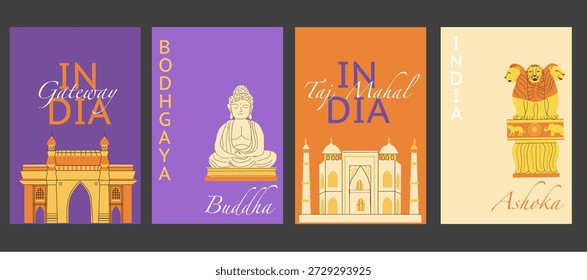 Conjunto de carteles de viaje de India. Ilustración plana de Vector. Emblemas nacionales, Lugares famosos, concepto de viaje. Colección de pósters modernos mínimos con Taj Mahal, puerta de entrada, Buda en BodhGaya, Ashoka para cubiertas, tarjetas