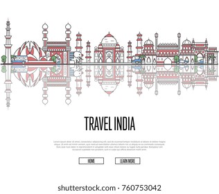 India travel. India skyline with reflection vector illustration on white background. Travel poster
