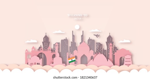 India Travel Ticket Postcard, poster, tour advertising of world famous landmarks of India. Vector illustration.