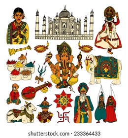 India travel traditional culture decorative colored sketch icons set with taj mahal spices cow isolated vector illustration