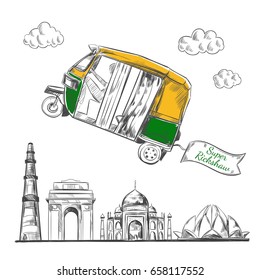India. Travel. Vector hand drawn illustration. Indian Rickshaw above the Delhi. Tourism concept. Indian Heritage. Lotus temple, Taj Mahal. Gate of India. Kutb-Minar.