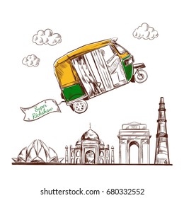  India. Viajes. Ilustración dibujada a mano por vectores. Rickshaw indio sobre Delhi. Concepto de turismo. Patrimonio Indio. Templo Lotus, Taj Mahal. Puerta de la India. Kutb-Minar. Vector de stock