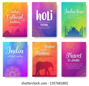 India travel vector posters templates set. Traditional Asian festivals web banners designs. Indian culture exploration tours. Color postcards layout with floral background. Travel agency promo