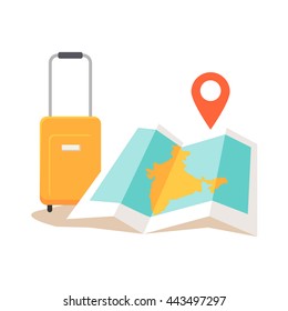 India travelling conceptual illustration. Summer vacation in exotic countries icon. Tourist journey vector. Navigation in foreign country concept. Suitcase, map, checpoint in flat style design.