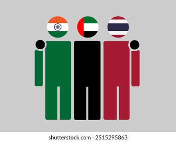 India, UAE, and Thailand National Flags With Embracing Body. Vector Illustration. Isolated background.