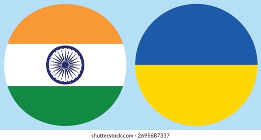 Vector circular de la bandera de la India y de Ucrania con el fondo azul claro 