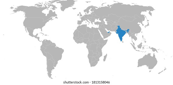 India, United Arab Emirates Countries Isolated On World Map. Maps And Backgrounds.
