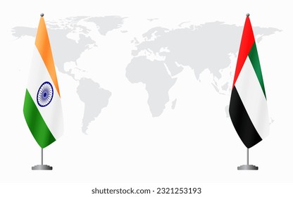 Banderas de la India y los Emiratos Árabes Unidos para una reunión oficial en el fondo del mapa mundial.