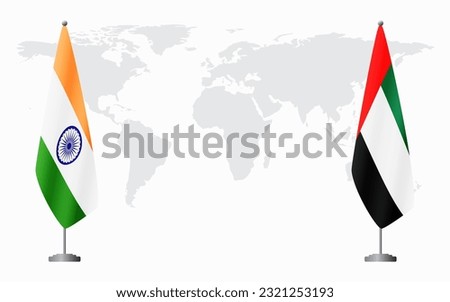 India and United Arab Emirates flags for official meeting against background of world map.