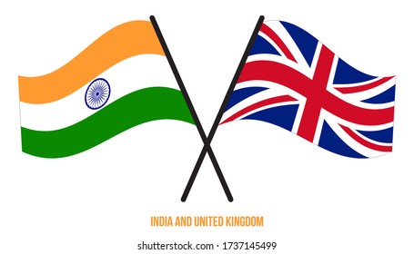 India and United Kingdom Flags Crossed And Waving Flat Style. Official Proportion. Correct Colors.