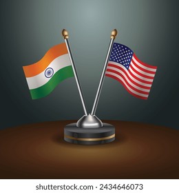 India and United States table flags with gradient backgrund. Vector Illustration