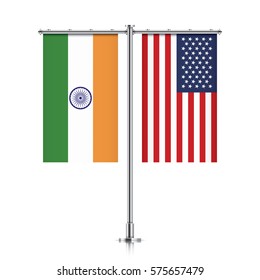 India and United States vector banner flags, hanging side by side on a silver metallic poles. India and USA friendship concept.