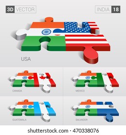 India and USA, Canada, Mexico, Guatemala, Salvador Flag. 3d vector puzzle. Set 18.