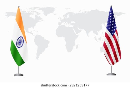 India and USA flags for official meeting against background of world map.