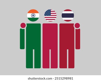 India, USA, and Thailand National Flags With Embracing Body. Vector Illustration. Isolated background.