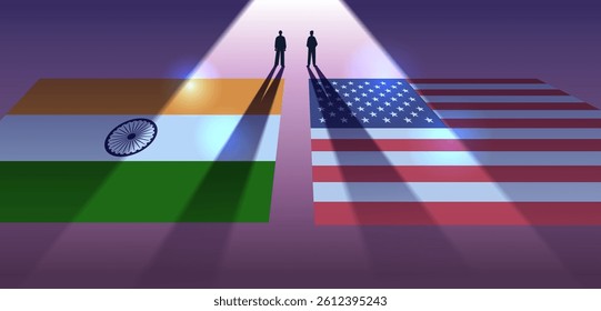 India USA trade war concept two figures standing on flags casting long shadows dramatic lighting purple background