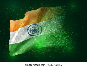 Indien, Vektor-3D-Flagge auf grünem Hintergrund mit Polygone und Datennummern