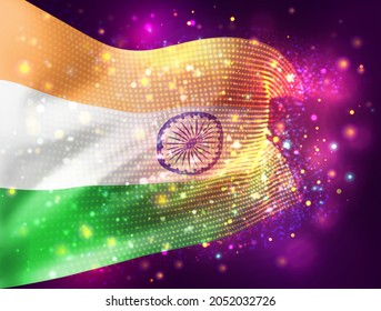 India, vector 3d flag on pink purple background with lighting and flares