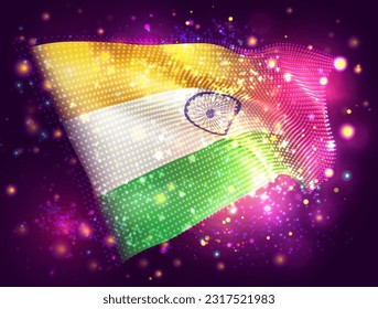 India, vector 3d flag on pink purple background with lighting and flares