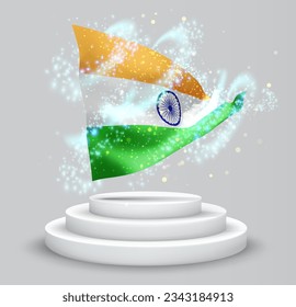 Indien, Vektor-3D-Flagge auf dem Podium, umgeben von einem Wirbelwind magischer Strahlung