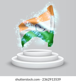 India, vector 3d flag on the podium surrounded by a whirlwind of magical radiance