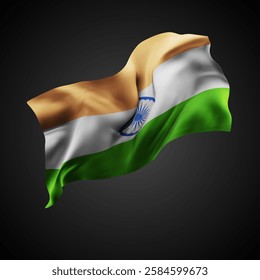 India, vector 3d flag with waves on a black background
