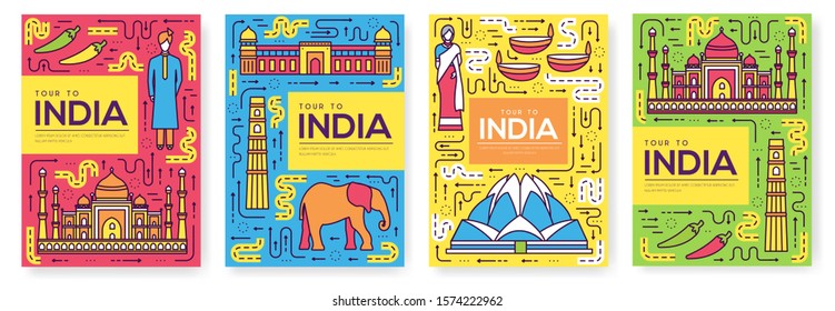India vector brochure cards thin line set. Country travel template of flyer, magazines, posters, book cover, banners. Layout culture monument outline illustrations modern pages