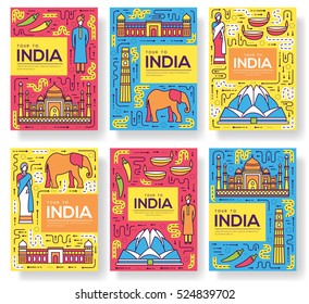 India vector brochure cards thin line set. Country travel template of flyear, magazines, posters, book cover, banners. Layout culture monument outline illustrations modern pages