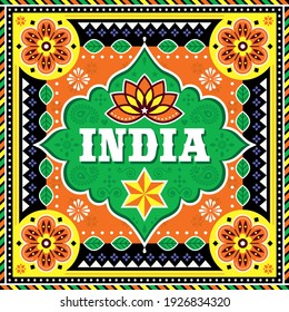 India vector design inspired by Pakistani or Indian truck art with lotus flower, star and goemetric shapes. Colorful repetitive pattern inspired by traditional lorry and rickshaw painted decorations