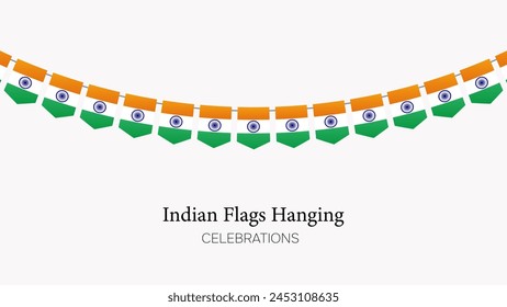 India vector flag. National flag of India buntings. Set of Indian hanging flags. Bunting decoration of India flag isolated on white background. IND vector flag.