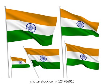 India vector flags set. 5 wavy 3D cloth pennants fluttering on the wind. EPS 8 created using gradient meshes isolated on white background. Five fabric flagstaff design elements from world collection