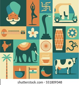 India, vector flat illustration, icon set, pattern, background: Hindu, yoga, snake cobra, car, sitar, lotus flower, drum, om, map, elephant, indian tea, cow, palm tree, candle, flag, pepper