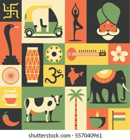 India, vector flat illustration, icon set, pattern, background: Hindu, yoga, snake cobra, car, sitar, lotus flower, drum, om, map, elephant, indian tea, cow, palm tree, candle, flag, pepper