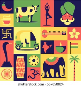 India, vector flat illustration, icon set, pattern, background: Hindu, yoga, snake cobra, car, sitar, lotus flower, drum, om, map, elephant, indian tea, cow, palm tree, candle, flag, pepper