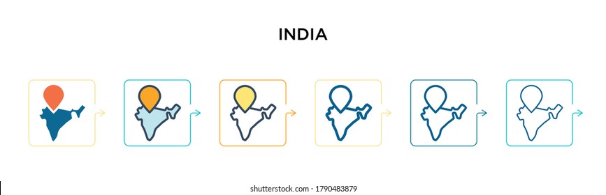 India vector icon in 6 different modern styles. Black, two colored india icons designed in filled, outline, line and stroke style. Vector illustration can be used for web, mobile, ui