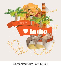 India vector illustration. Indian colorful concept. Poster with traditional indian items. Greeting card from India.