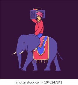 India, vector illustration, man with record player, elephant driver