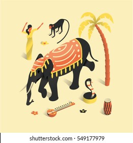 India, vector isometric concept illustration, 3d icon set, poster, traditional symbol, : woman, monkey, palm tree, elephant, snake cobra, sitar, lotus flower, drum