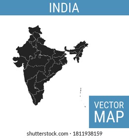 Mapa vectorial de India con nombre de país, negro sobre fondo blanco.